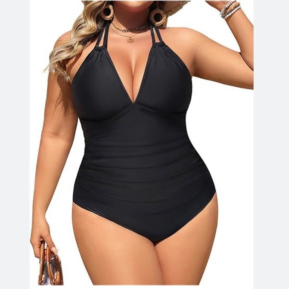 Aqua Eve Halter Keyhole Ruched Tummy Control One-Piece Swimsuit Plus Size 22W - Picture 3 of 16